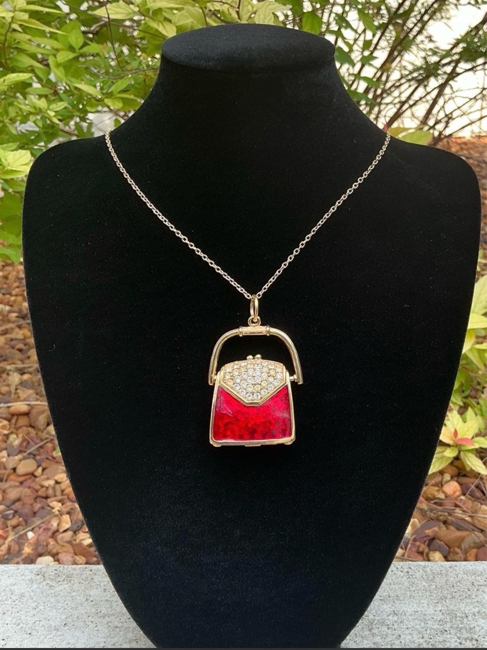 Swarovski Purse Locket Pendant Necklace Crystal Red Enamel Vintage Swan Opens - Picture 2 of 11